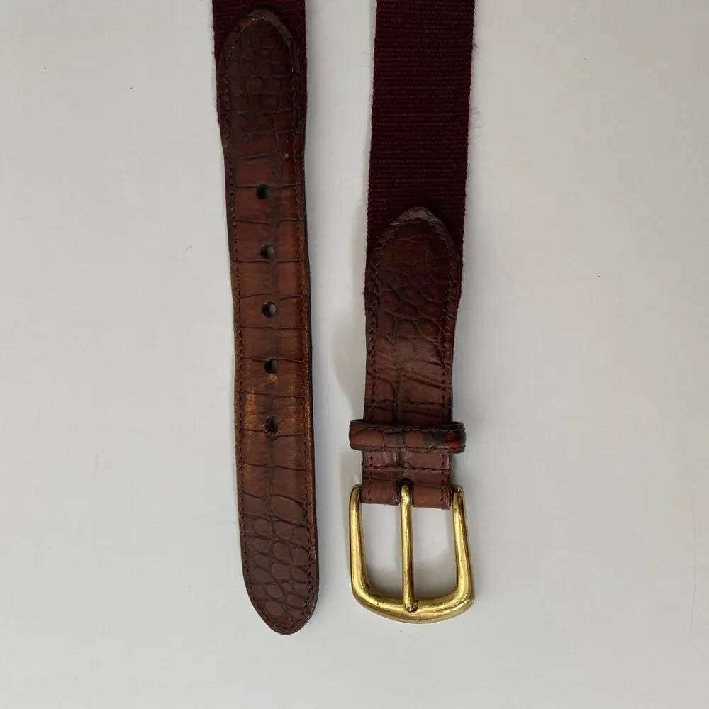 Men's Belt Burgundy Red Classic Canvas & Brown Leather Siz 34 Solid Brass Buckle